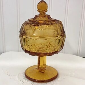 Vintage Amber Pressed Glass Candy Dish with Lid 7” Tall Floral Pattern Pedestal